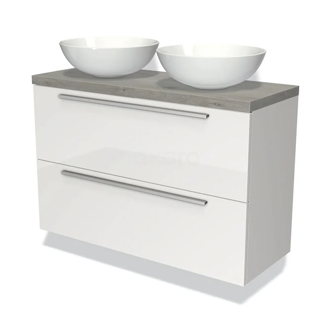 Modulo Plato Slim Badmöbel mit Aufsatzwaschbecken | 100 cm Hochglanz Weiß Flach front Graue Eiche blatt 2 übereinanderliegende Schubladen BMK37-01739 Weiße Badmöbelset mit zwei runden Aufsatzwaschbecken und grauer Oberseite, modernes Design mit Schubladen und metallischen Haltegriffen.