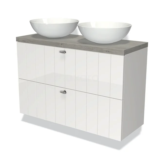 Waschtischunterschrank mit Konsole 100cm Modulo Plato Slim Hochglanz Weiß 2 Schubladen Laminat BMK37-01740 Weißes Badmöbel mit grauer Platte, Holzstruktur, zwei keramischen Aufsatzwaschbecken, praktisches Design für moderne Bäder.