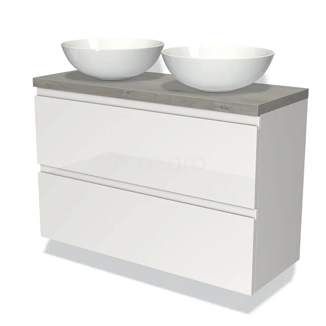 Weißes Badezimmermöbel mit zwei runden Waschbecken und grauer Betonplatte, modernes Design mit zwei Schubladen.