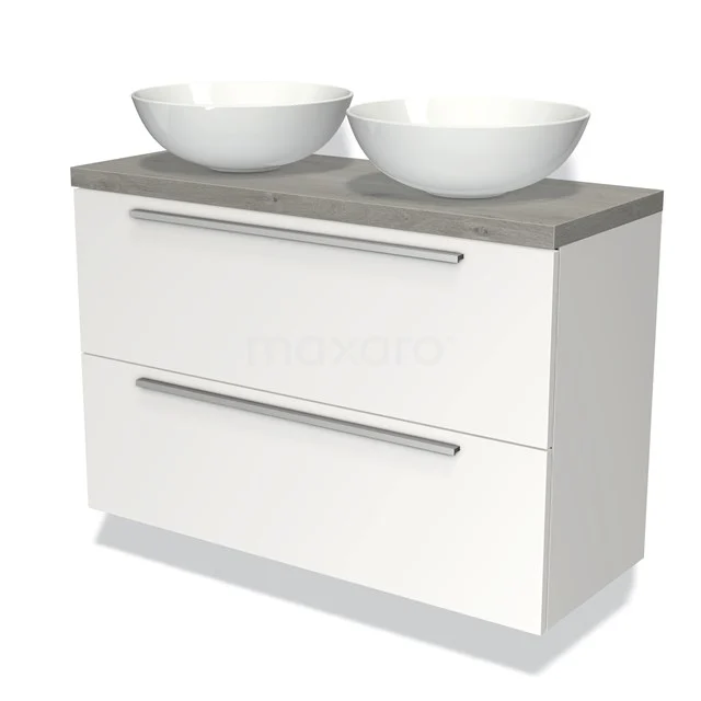 Weißes Waschtischmöbel mit zwei runden Aufsatzwaschbecken, grauer Holzplatte und metallischen Griffen, perfekt für ein modernes Badezimmer.