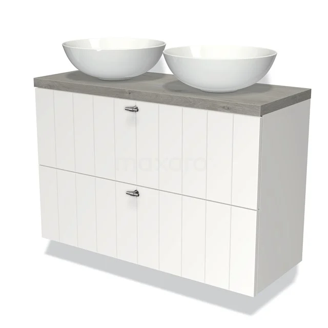Wit badmeubel met dubbele wastafel, grijs houten blad, softclose lades, ideaal voor stijlvolle badkameropslag.
