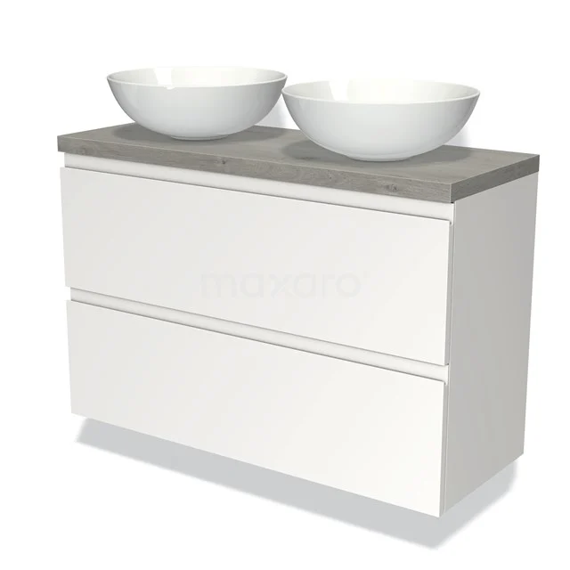 Witte badkamermeubelset met twee ronde waskommen en grijze betonnen blad, modern design en lade-opslag.