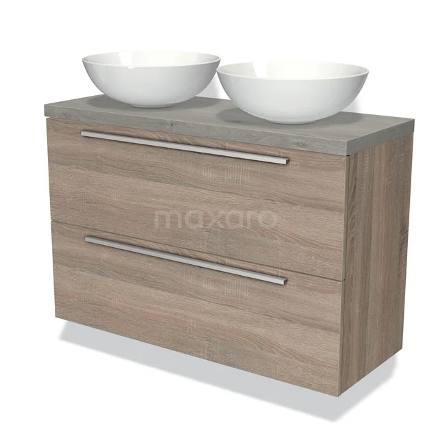 Badkamermeubel houtlook met 2 witte ronde waskommen, compact design met twee lades en een grijs werkblad.
