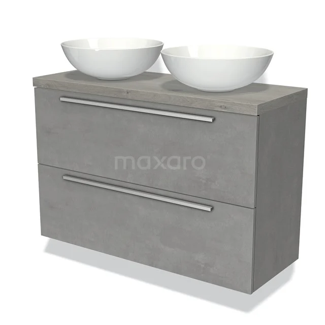 Grijze badkamermeubel met twee witte opzetwaskommen, modern design, voorzien van twee brede lades met metalen handgrepen.