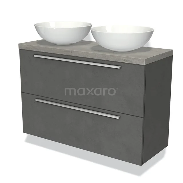 Grijze badkamermeubelset met dubbele keramische waskommen, moderne uitstraling en mat afwerking voor een stijlvolle badkamer.