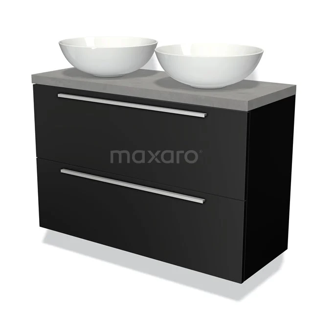 Zwarte badkamermeubel met grijs blad, dubbele witte waskommen, moderne design en praktische opberglades.