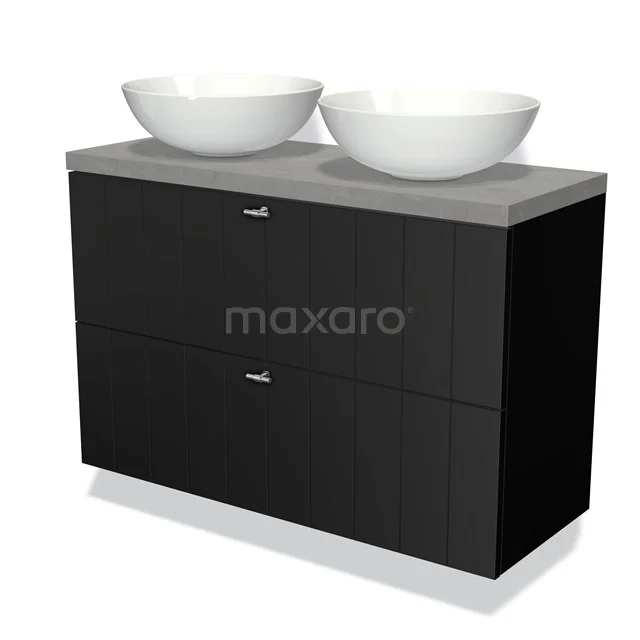 Zwarte badkamerkast met grijze wastafel en twee ronde witte waskommen, moderne stijl, ideaal voor een luxe badkamerset.