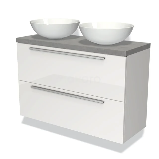 Weiße Badmöbelset mit zwei keramischen Aufsatzwaschbecken und grauer Steinplatte, modernes Design für stilvolle Bäder.