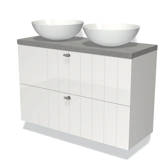 Waschtischunterschrank mit Konsole 100cm Modulo Plato Slim Hochglanz Weiß 2 Schubladen Laminat BMK37-01770 Weißes Badmöbel mit 2 runden Waschbecken, graue Steinplatte, modernes Design, ideal für eine stilvolle Badezimmergestaltung.