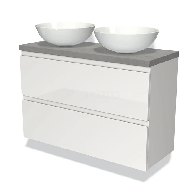 Modulo Plato Slim Vanity units for countertop basin | 100 cm High-gloss white Handle-less front Light grey concrete worktop 2 Stacked drawers BMK37-01771