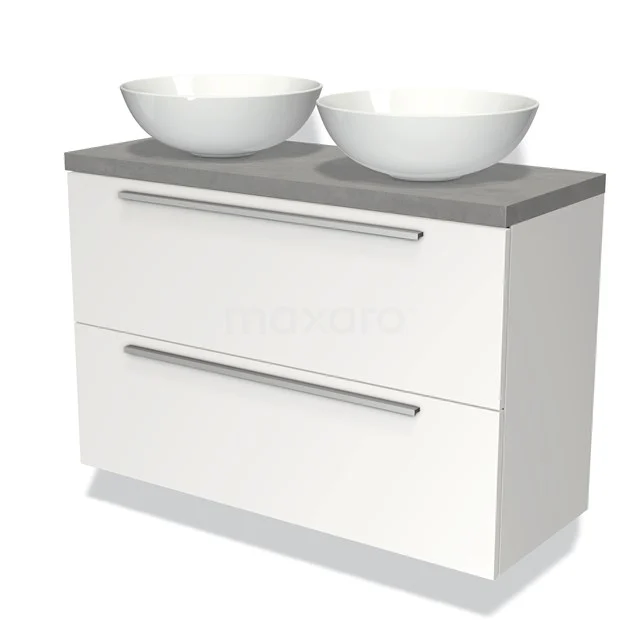 Badmöbel mit Konsole 100cm Modulo Plato Slim Matt Weiß 2 Schubladen Flach BMK37-01772 Weiße Badmöbel mit zwei runden Waschbecken und einer grauen Platte, modernes Design und praktische Schubladen für Stauraum.