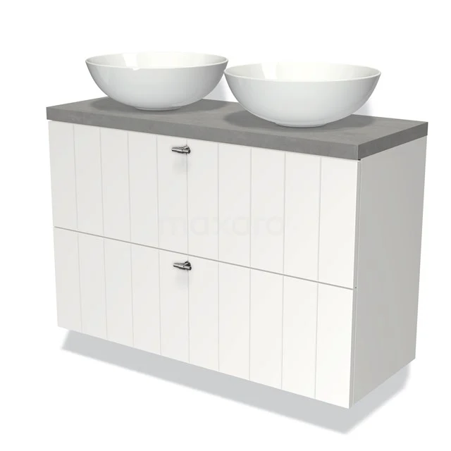 Modulo Plato Slim Badmöbel mit Aufsatzwaschbecken | 100 cm Matt Weiß Lamelle front Hellgrauer Beton blatt 2 übereinanderliegende Schubladen BMK37-01773 Weißes Badezimmermöbel mit zwei Aufsatzwaschbecken und einer grauen Platte, moderne Ausstrahlung und vertikalen Rillen in den Schubladen.