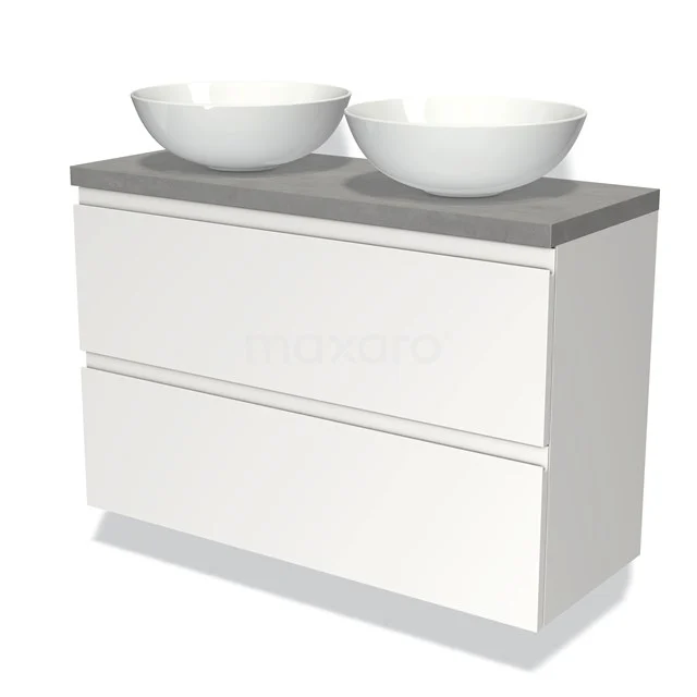 Waschtischunterschrank mit Konsole 100cm Modulo Plato Slim Matt Weiß 2 Schubladen Grifflos BMK37-01774 Weißes Badezimmermöbel mit grauer Oberplatte, zwei runden Aufsatzwaschbecken und zwei Schubladen, modernes Design für stilvolle Badezimmer Einrichtung.