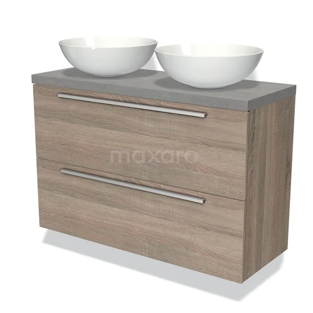 Hölzernes Badezimmermöbel mit Betonlook Platte, zwei weißen Aufsatzwaschbecken und Schubladen mit metallischen Griffen, ideal für moderne Bäder.