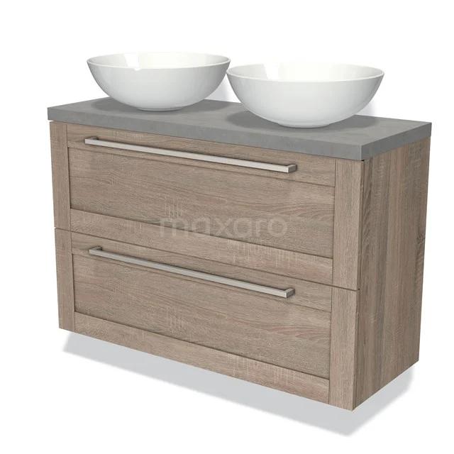 Holz-Badmöbel mit grauem Steinplatte, doppelten weißen Aufsatzwaschbecken und zwei Schubladen, modernes Design für stilvolle Bäder.