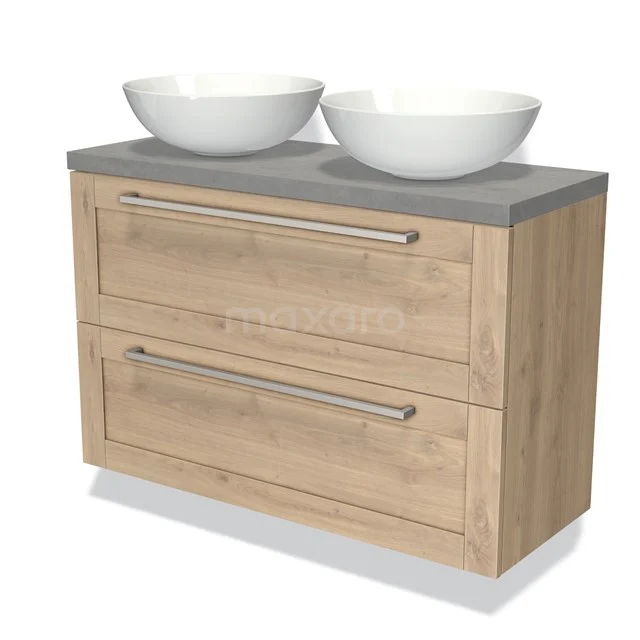 Wooden bathroom unit with drawers, grey worktop and double white countertop wash basins, modern design for stylish bathroom design.