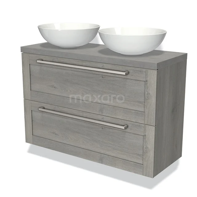 Modulo Plato Slim Vanity units for countertop basin | 100 cm Grey oak Frame front Light grey concrete worktop 2 Stacked drawers BMK37-01792