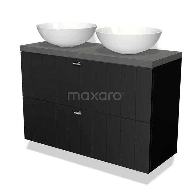 Modulo Plato Slim Vanity units for countertop basin | 100 cm Matte black Slat front Dark grey concrete worktop 2 Stacked drawers BMK37-01795
