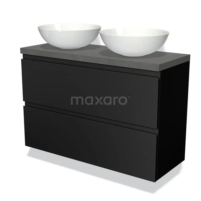 Modulo Plato Slim Vanity units for countertop basin | 100 cm Matte black Handle-less front Dark grey concrete worktop 2 Stacked drawers BMK37-01796