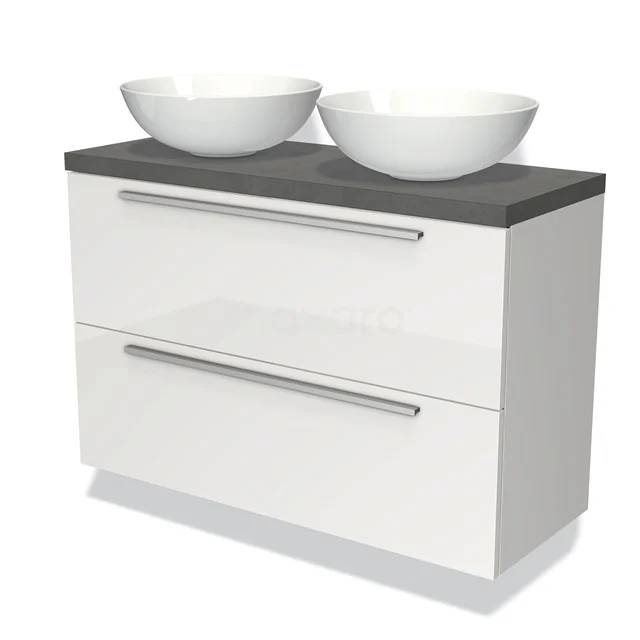 Weißes Badezimmermöbel mit Doppelwaschbecken, graue Platte und zwei Schubladen, modernes Design für stilvolle Badezimmerlagerung.