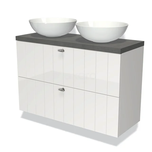 Weißes Badezimmermöbel mit Doppelwaschbecken, grauer Platte, modernes Design und Schubladen für praktische Badezimmerlagerung.