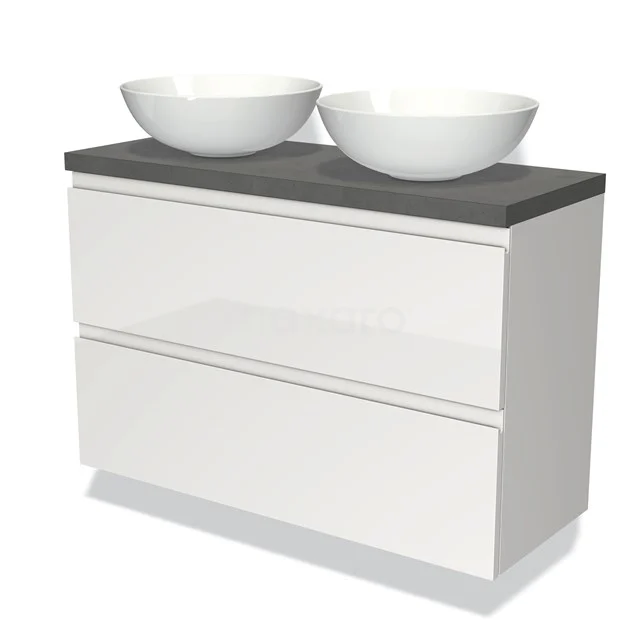 Weißes Badmöbel mit zwei runden keramischen Aufsatzwaschbecken und einem grauen Waschbecken, modernes Design für stilvolle Badezimmergestaltung.