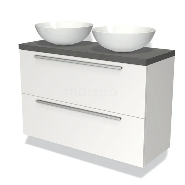 Weißes Badezimmermöbel mit zwei runden Waschbecken, schwarzer Platte und schlichten Haltegriffen, ideal für ein modernes Badezimmer.