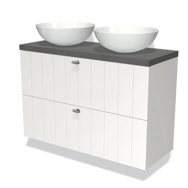 Badmöbel mit Konsole 100cm Modulo Plato Slim Matt Weiß 2 Schubladen Laminat BMK37-01804 Weißes Badmöbel mit Doppel-Aufsatzwaschbecken-Design, graue Holzplatte und vertikale Streifen, ideal für moderne Bäder.