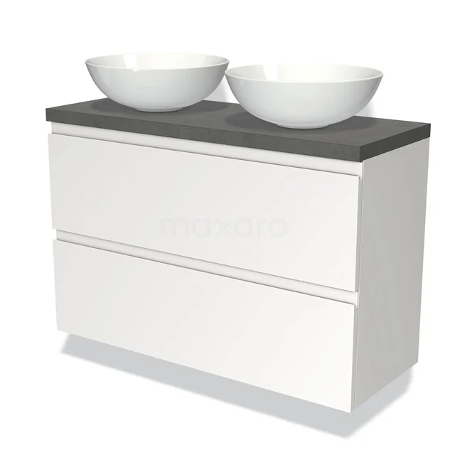 Modulo Plato Slim Badmöbel mit Aufsatzwaschbecken | 100 cm Matt Weiß Grifflos front Dunkelgrauer Beton blatt 2 übereinanderliegende Schubladen BMK37-01805 Weißes Badezimmermöbel mit Betonplatte, zwei keramischen Aufsatzwaschbecken und doppelten Schubladen für praktischen Stauraum.