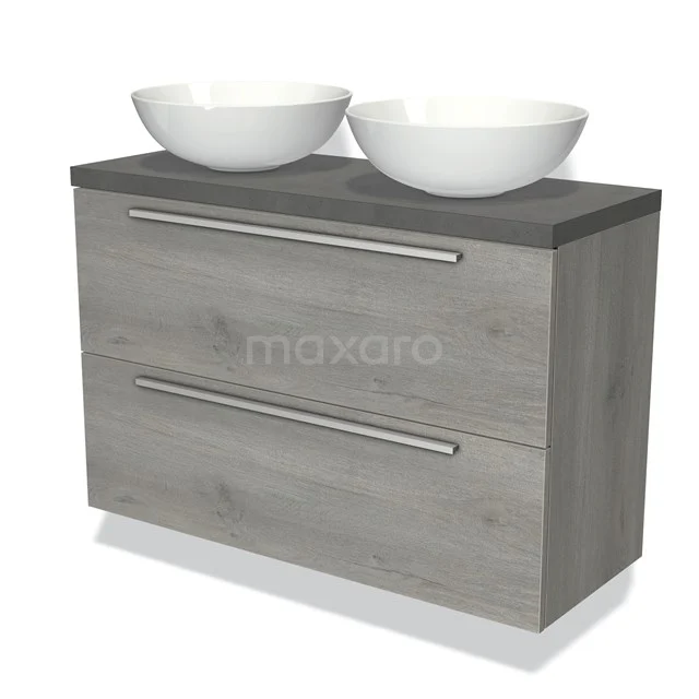 Modulo Plato Slim Vanity units for countertop basin | 100 cm Grey oak Flat front Dark grey concrete worktop 2 Stacked drawers BMK37-01822