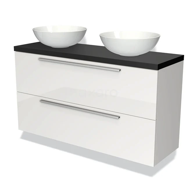 Weißes Badezimmermöbel mit zwei Schubladen, schwarzer Platte und doppelten weißen Aufsatzwaschbecken, modernes Design.