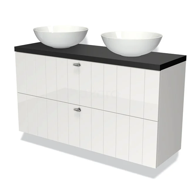 Waschtischunterschrank mit Konsole 120cm Modulo Plato Slim Hochglanz Weiß 2 Schubladen Laminat BMK37-01829 Weißes Badezimmermöbel mit schwarzer Waschtischplatte und zwei Porzellan Aufsatzwaschbecken, modernes Design mit geräumigen Schubladen.