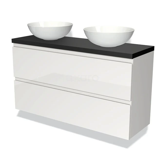 Weißes Badezimmermöbel mit schwarzer Platte und zwei runden Aufsatzwaschbecken, modernes Design, ideal für stilvolle Bäder.
