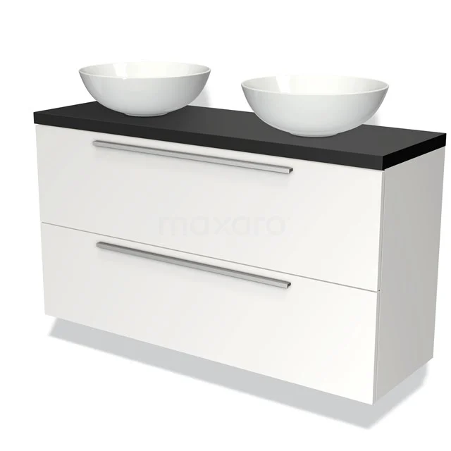 Weißes Badezimmermöbel mit schwarzer Platte, zwei runden Waschbecken, modernes Design, geräumige Schubladen.