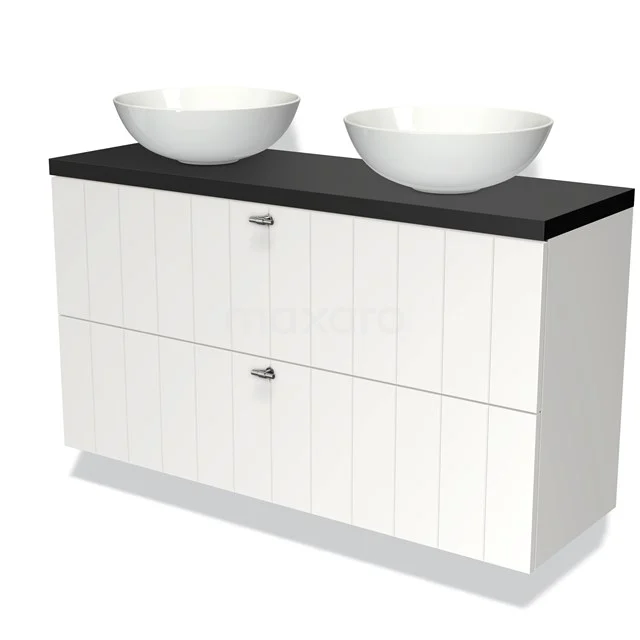 Modulo Plato Slim Badmöbel mit Aufsatzwaschbecken | 120 cm Matt Weiß Lamelle front Matt Schwarz blatt 2 übereinanderliegende Schubladen BMK37-01832 Weißes Holz Badezimmermöbel mit schwarzer Platte, doppelten runden Waschbecken, modernes Design und praktischen Aufbewahrungsschubladen.