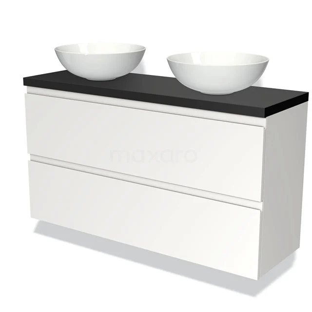 Weißes Badezimmermöbel mit zwei Schalen aus Keramik, schwarzer Arbeitsplatte und zwei Schubladen, modernes Design für stilvolle Bäder.