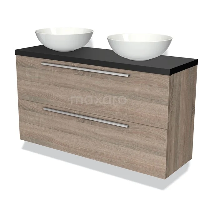 Holz Badmöbel mit zwei Aufsatzwaschbecken, weißer Keramik, schwarzer Platte und Softclose Schubladen, modernes und praktisches Design.