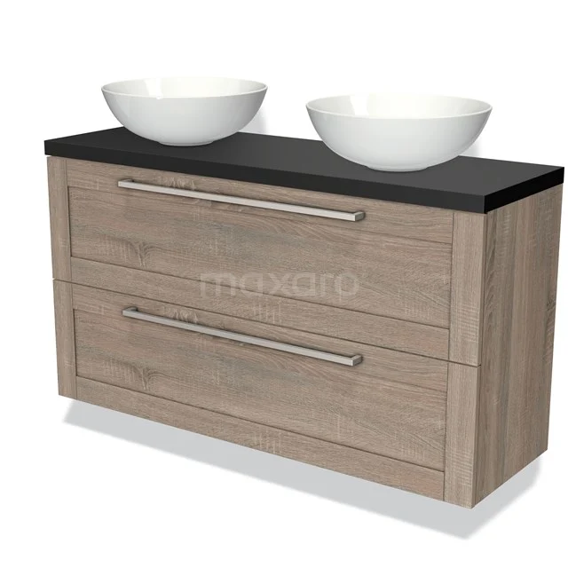 Modulo Plato Slim Badmöbel mit Aufsatzwaschbecken | 120 cm Eiche Rahmen front Matt Schwarz blatt 2 übereinanderliegende Schubladen BMK37-01841 Holz Badezimmermöbel mit zwei weißen Waschbecken, dunkler Platte und silbernen Griffen; modernes Design mit geräumigen Schubladen.