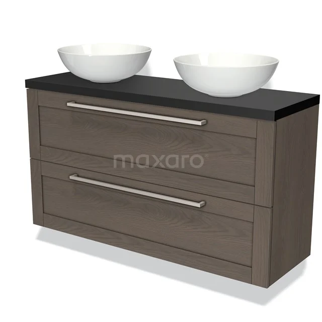 Badmöbel für Aufsatzwaschbecken 120cm Modulo Plato Slim dunkelbraune Eiche 2 Schubladen Rahmen BMK37-01849 Holz-Badmöbel mit dunklem Waschbecken, zwei weißen Aufsatzwaschbecken und metallischen Griffen, ideal für moderne Bäder.