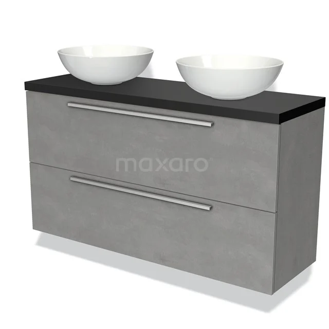 Graue Badmöbel mit schwarzer Platte, doppelten weißen Aufsatzwaschbecken und modernen Metall-Haltegriffen. Perfekt für stilvolle Bäder.