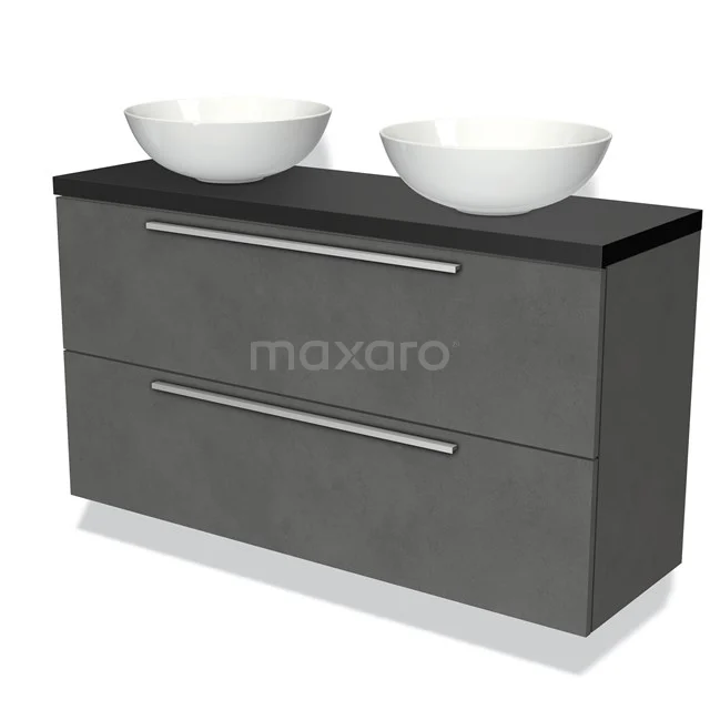 Modulo Plato Slim Vanity units for countertop basin | 120 cm Dark grey concrete Flat front Matte black worktop 2 Stacked drawers BMK37-01853