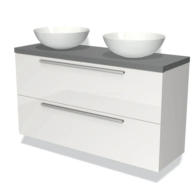 Weißes Badezimmermöbel mit doppelten Schalen, grauer Platte und Schubladen, modernes Design aus glänzendem Material.