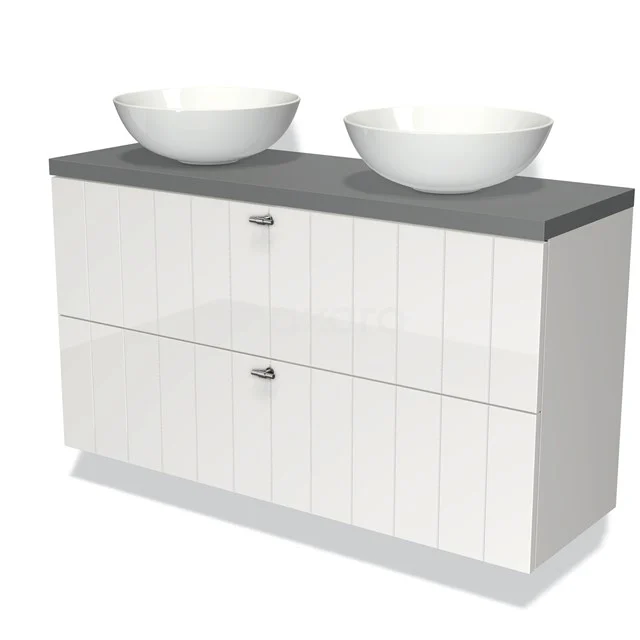 Weißes Badezimmermöbel mit doppeltem Aufsatzwaschbecken und grauer Platte, modernes Design, ideal für luxuriöse Badezimmergestaltung.