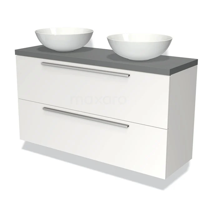 Modulo Plato Slim Badmöbel mit Aufsatzwaschbecken | 120 cm Matt Weiß Flach front Mittelgrau blatt 2 übereinanderliegende Schubladen BMK37-01860 Weißes Badezimmermöbel mit grauer Platte, zwei keramischen Aufsatzwaschbecken und modernen Schubladen, ideal für eine stilvolle Badezimmer Einrichtung.