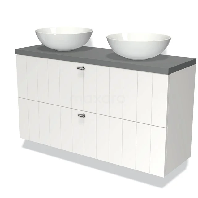 Weiße Badmöbel mit zwei runden Waschbecken, grauer Oberfläche und Holzstruktur, ideal für moderne Badezimmergestaltung.