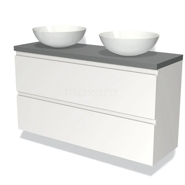 Moderne weiße Badmöbelset mit zwei runden Aufsatzwaschbecken und grauer Platte, minimalistisches Design für ein stilvolles Badezimmer.