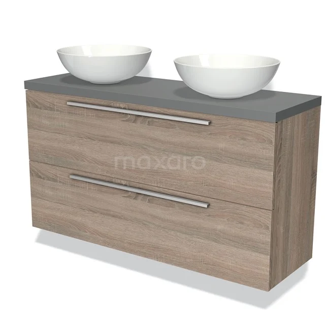 Modulo Plato Slim Badkamermeubel voor waskom | 120 cm Eiken Vlak front Middengrijs blad 2 lades onder elkaar BMK37-01869