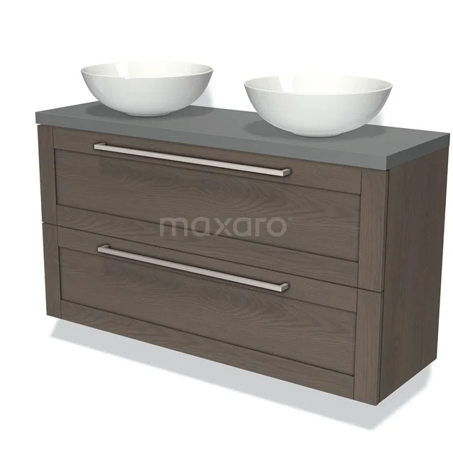 Wooden bathroom unit with dark grey top and double white countertop wash basins, modern drawer handles.