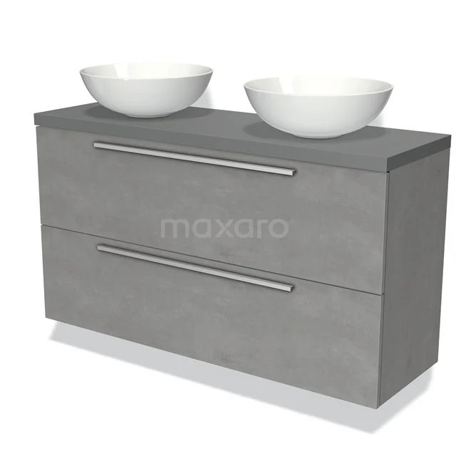 Graue Badmöbelset mit breitem Kommodendesign, doppelten weißen Aufsatzwaschbecken und schlanken Haltegriffen.