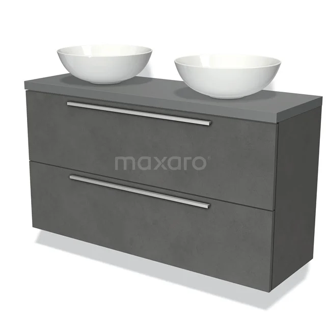 Modulo Plato Slim Vanity units for countertop basin | 120 cm Dark grey concrete Flat front Mid grey worktop 2 Stacked drawers BMK37-01882
